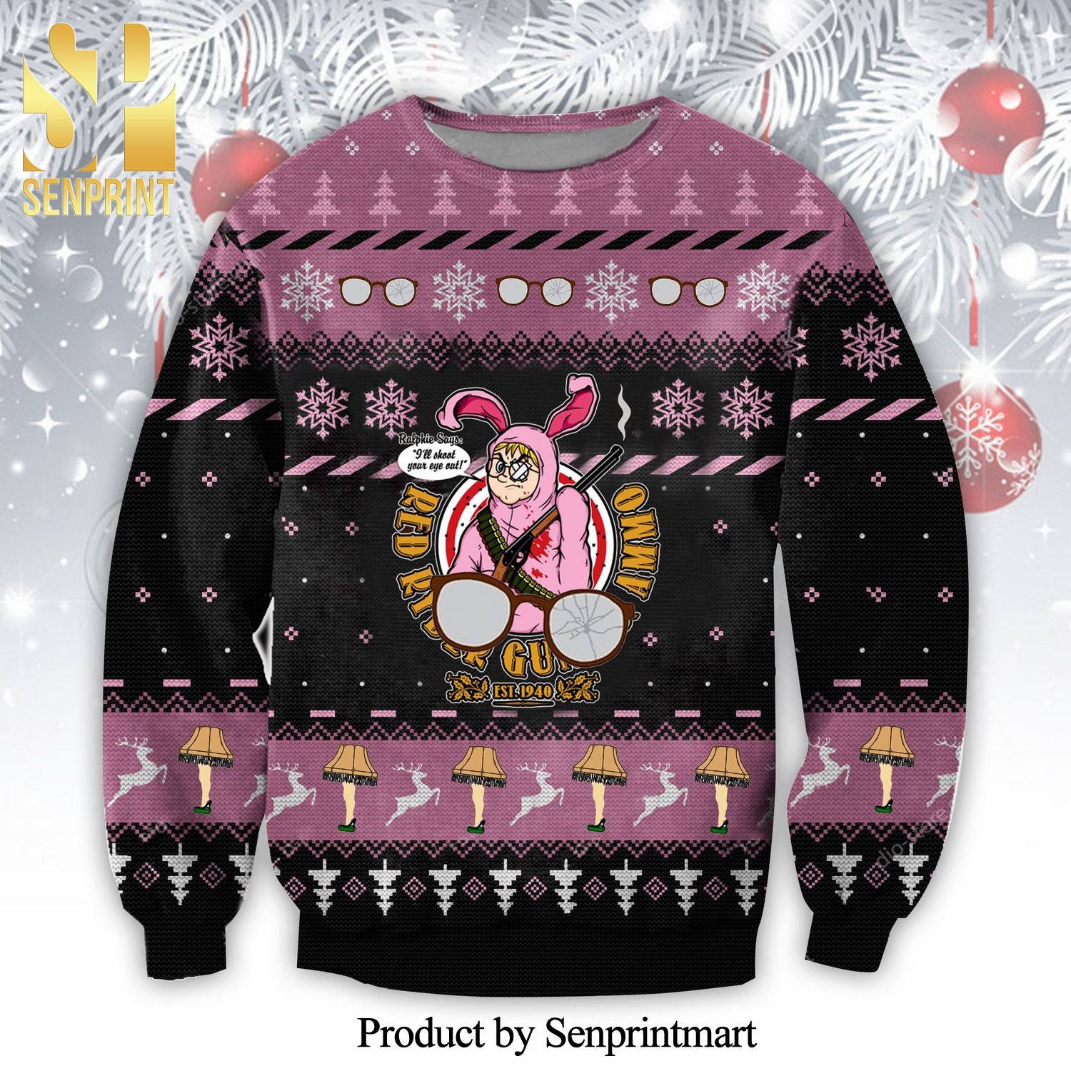 Bunny Pajamas Red Ryder BB Gun Ammo A Christmas Story Knitted Ugly Christmas Sweater