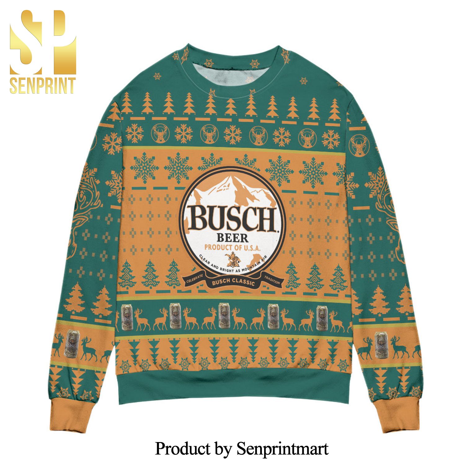 Busch Beer Product Of USA Pine Tree Snowflake Pattern Knitted Ugly Christmas Sweater