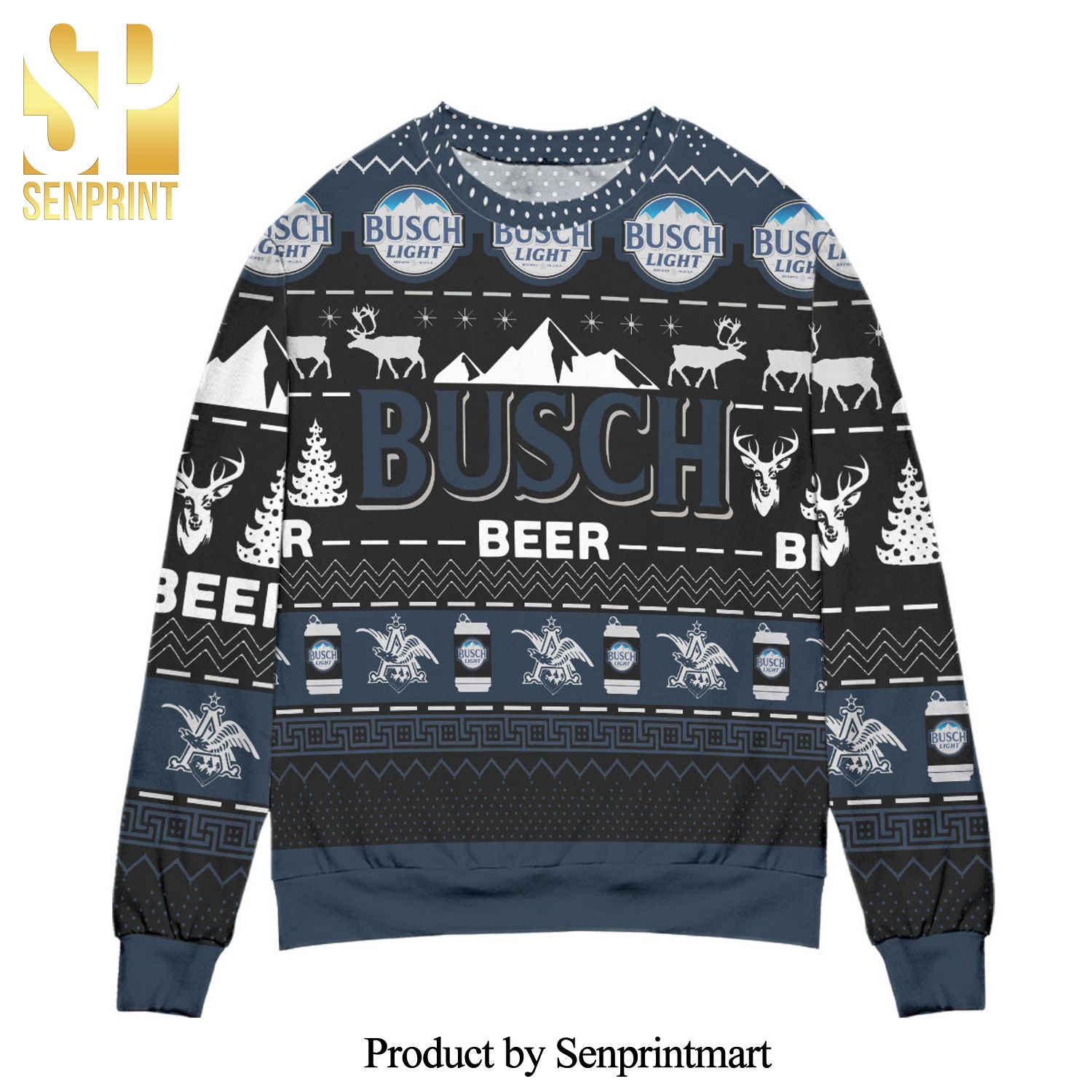 Busch Beer Reindeer Pattern Knitted Ugly Christmas Sweater – Black Navy