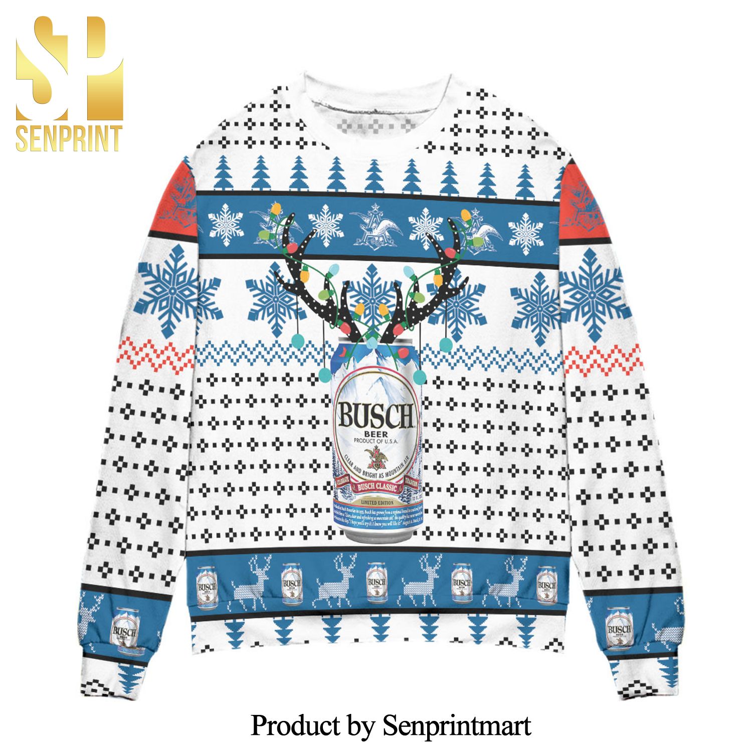 Busch Beer Reindeer Snowflake Pattern Knitted Ugly Christmas Sweater – White