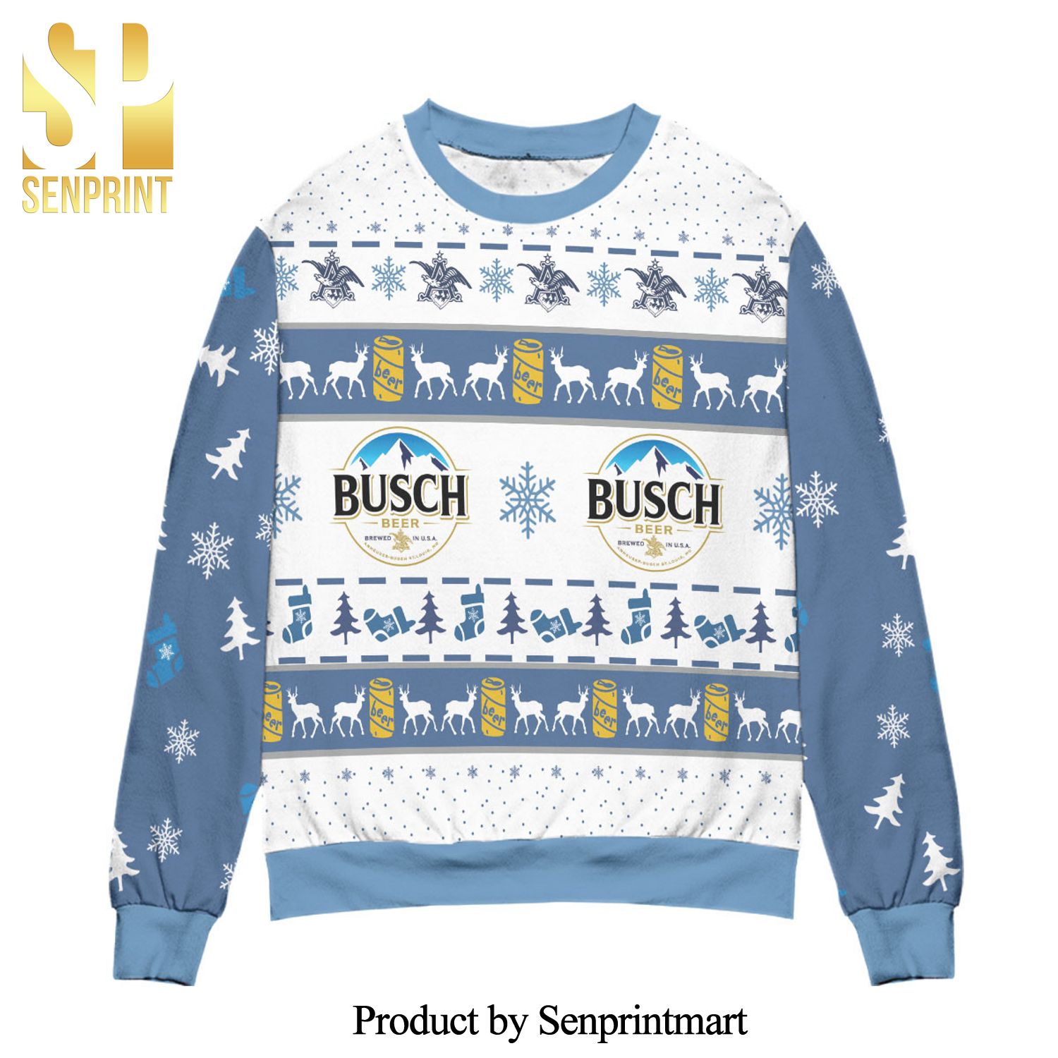 Busch Beer Snowflake And Socks Pattern Knitted Ugly Christmas Sweater – Blue White
