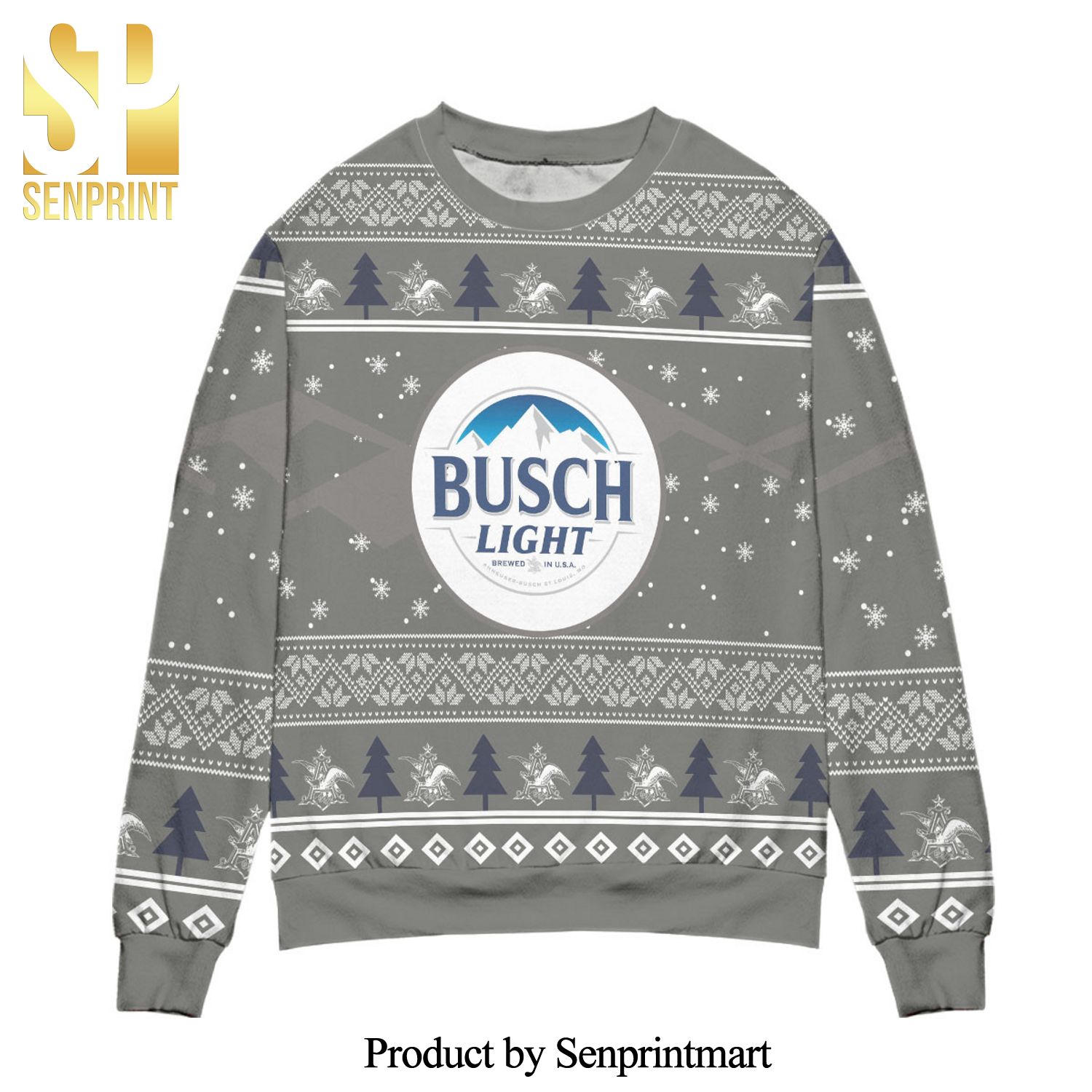 Busch Light Beer Pine Tree And Snowflake Knitted Ugly Christmas Sweater – Gray