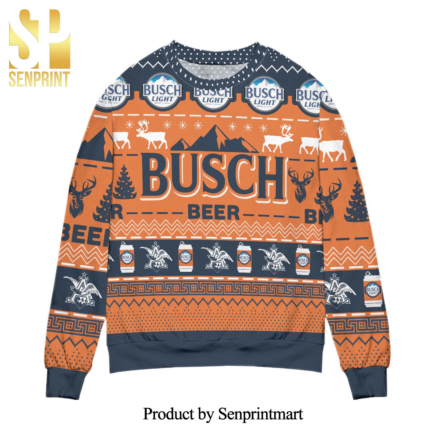 Busch Light Beer Reindeer Pattern Knitted Ugly Christmas Sweater – Blue Orange