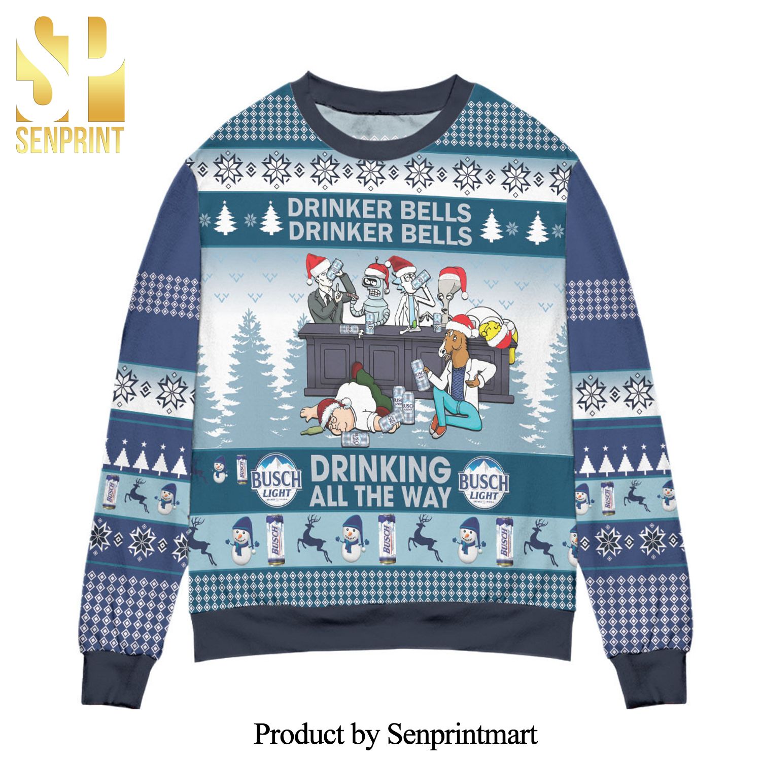 Busch Light Drinker Bell Drinker Bell Knitted Ugly Christmas Sweater – Blue