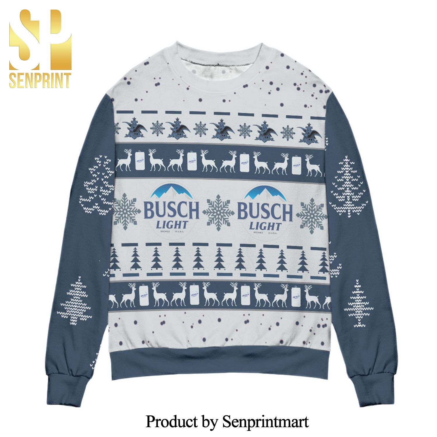 Busch Light Reindeer And Pine Tree Pattern Knitted Ugly Christmas Sweater – Blue