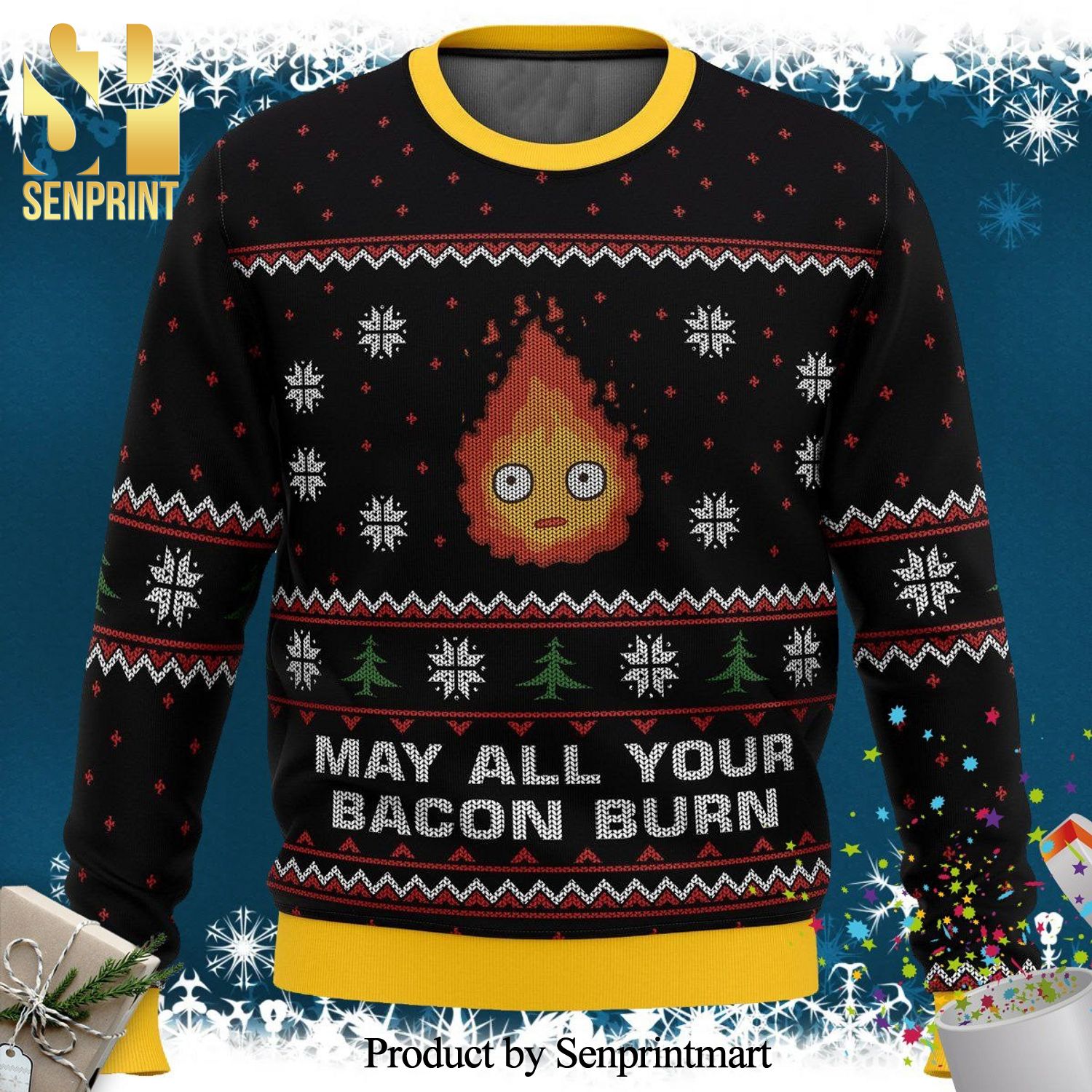 Calcifer Howl’S Moving Castle May All Your Bacon Burn Knitted Ugly Christmas Sweater