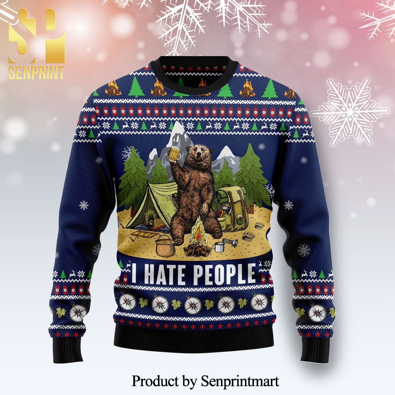Camping Bear I Hate People Knitted Ugly Christmas Sweater
