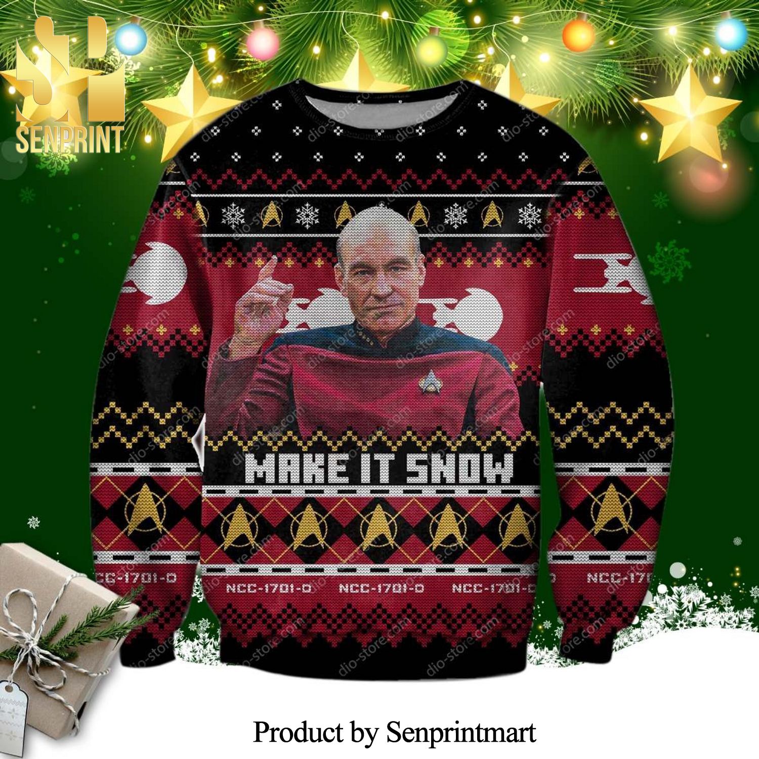 Captain Picard Star Trek Make It Snow Knitted Ugly Christmas Sweater