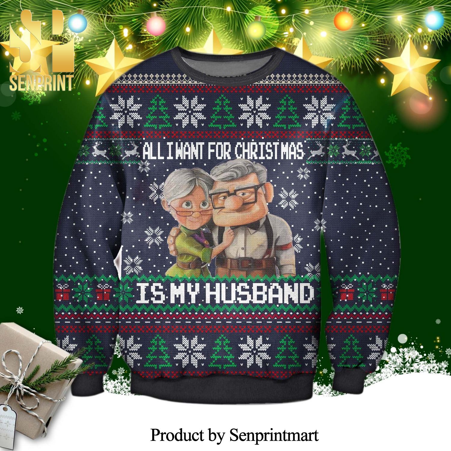 Carl Fredricksen Ellie Fredricksen Up All I Want For Christmas Is My Husband Knitted Ugly Christmas Sweater