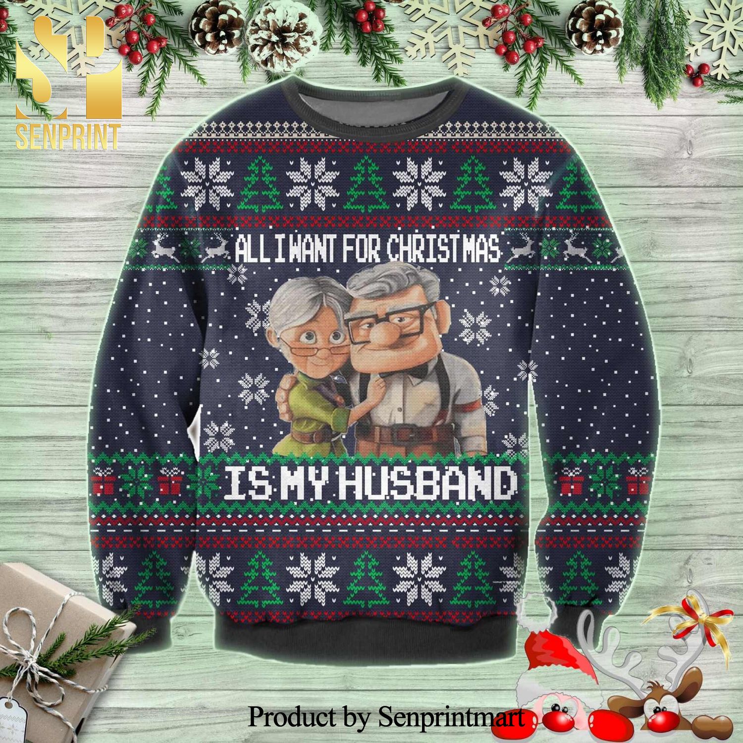 Carl Fredricksen Ellie Up All I Want For Christmas Is My Husband Knitted Ugly Christmas Sweater