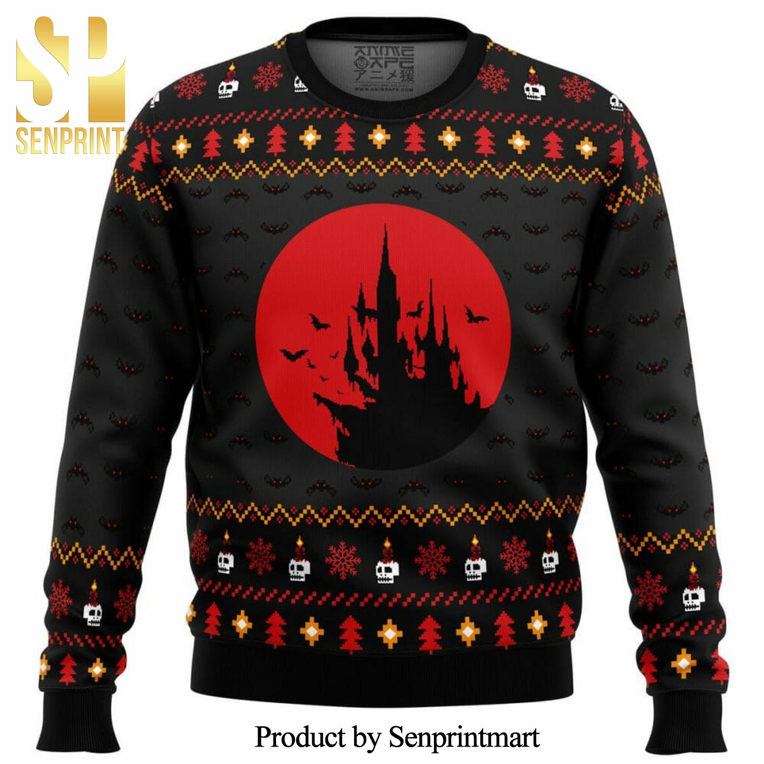 Castlevania Creepy Castle Skull Pattern Knitted Ugly Christmas Sweater