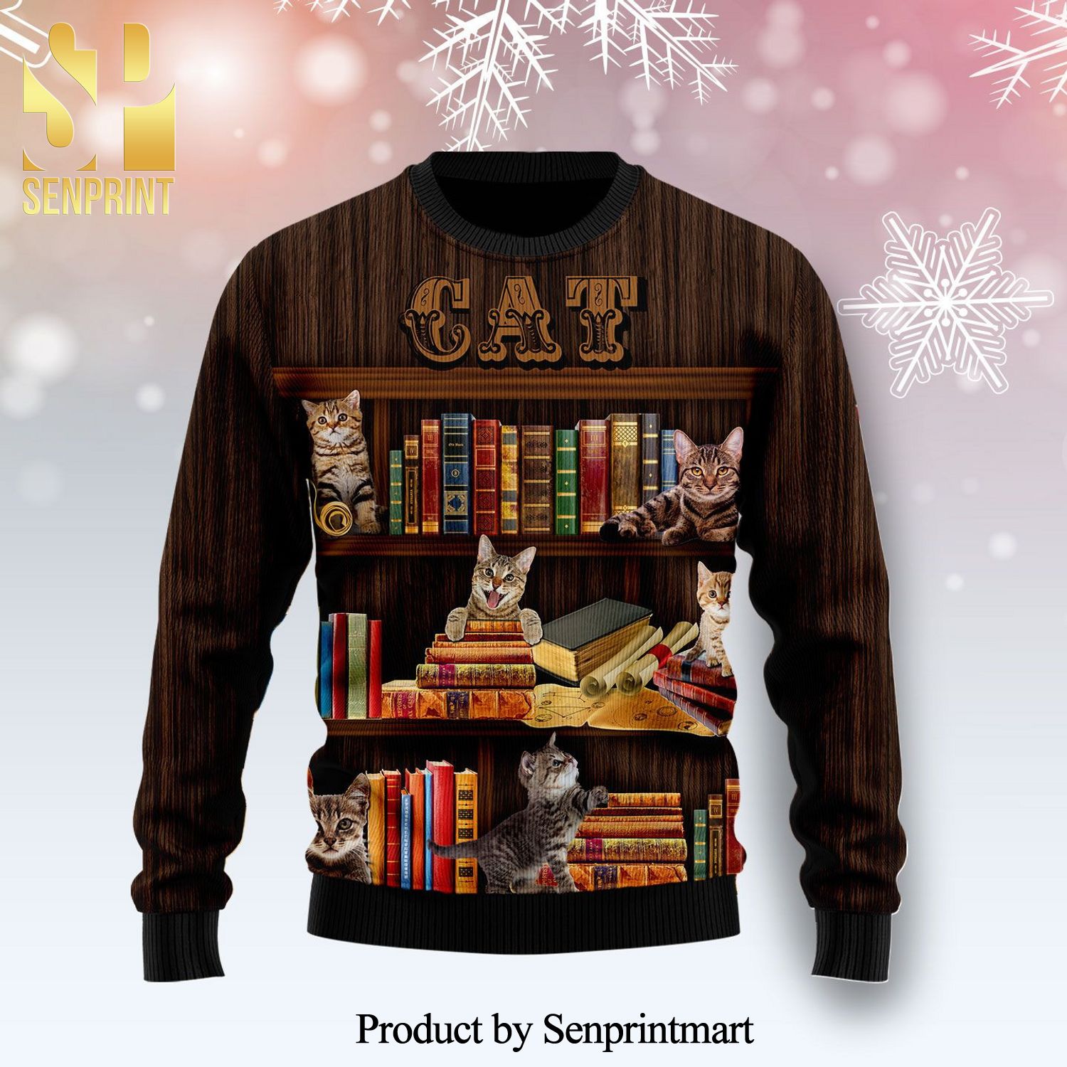 Cat And Bookshelf Knitted Ugly Christmas Sweater