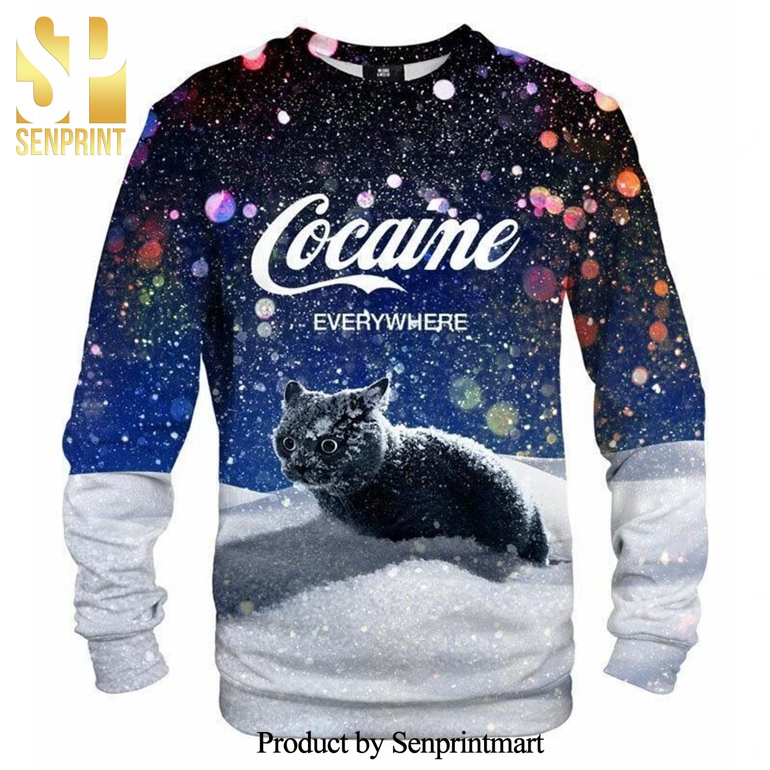 Cat Cocaine Snow Everywhere Knitted Ugly Christmas Sweater
