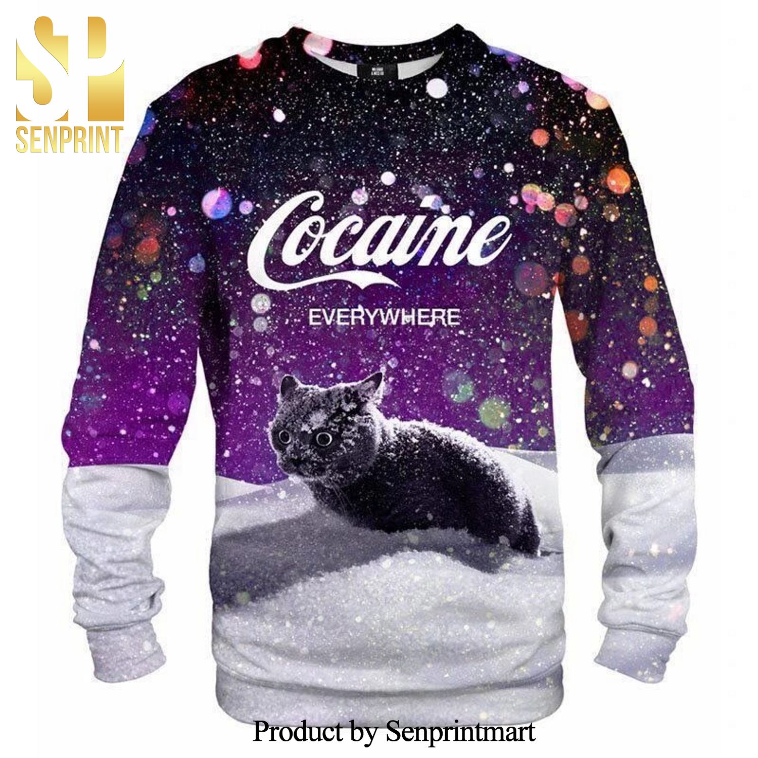 Cat Cocaine Snow Knitted Ugly Christmas Sweater