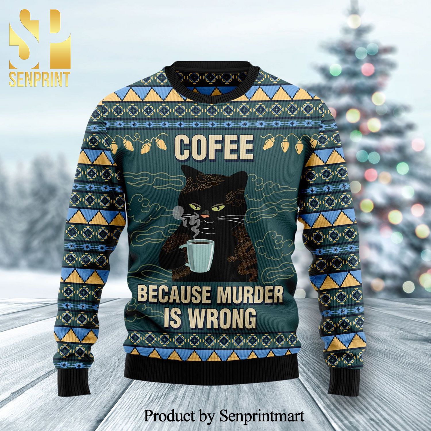 Cat Coffee Because Murder Is Wrong Knitted Ugly Christmas Sweater