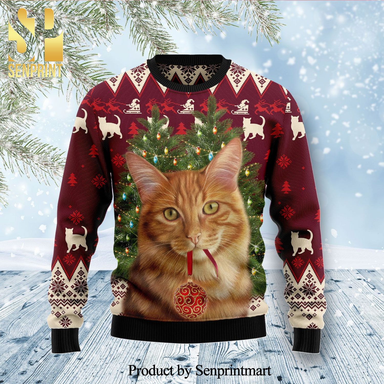 Cat Decor Pine Knitted Ugly Christmas Sweater