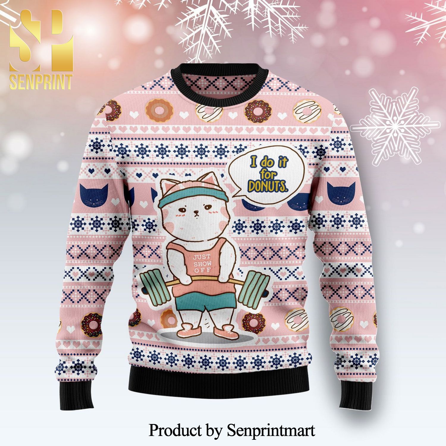 Cat I Do It For Donuts Knitted Ugly Christmas Sweater