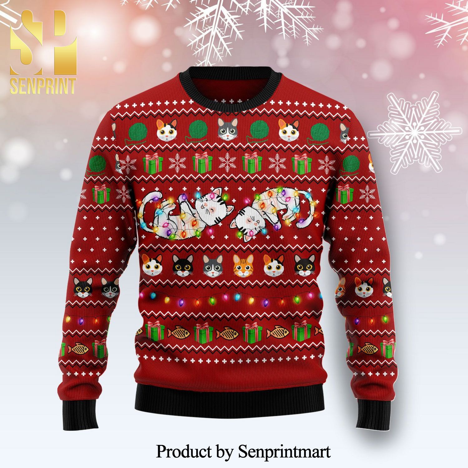 Cat Light Knitted Ugly Christmas Sweater