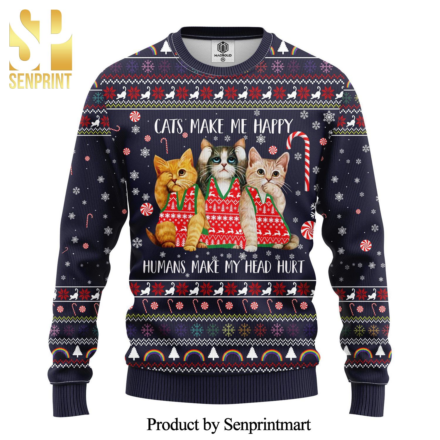 Cat Make Me Happy Human Makes My Head Hurt Knitted Ugly Christmas Sweater