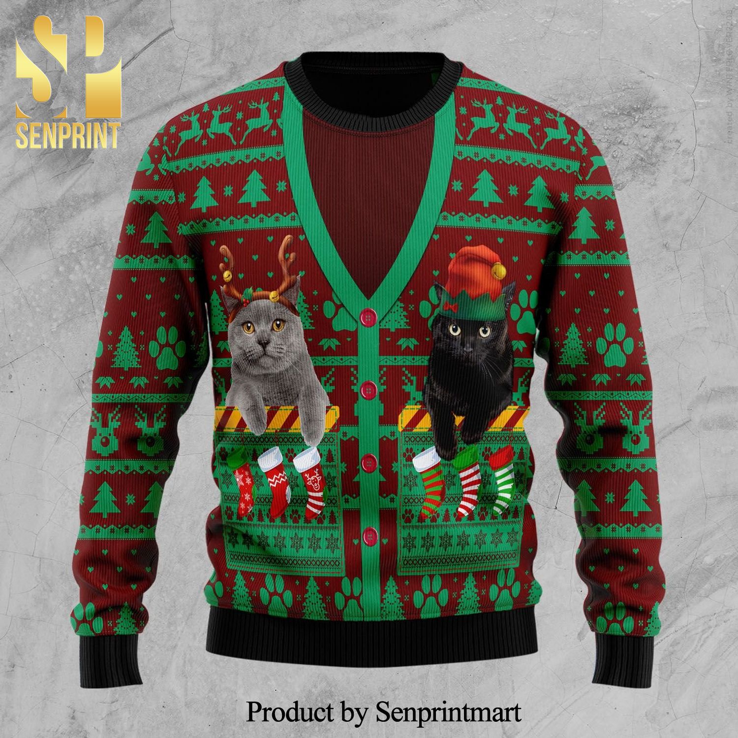Cat Pocket Xmas Knitted Ugly Christmas Sweater