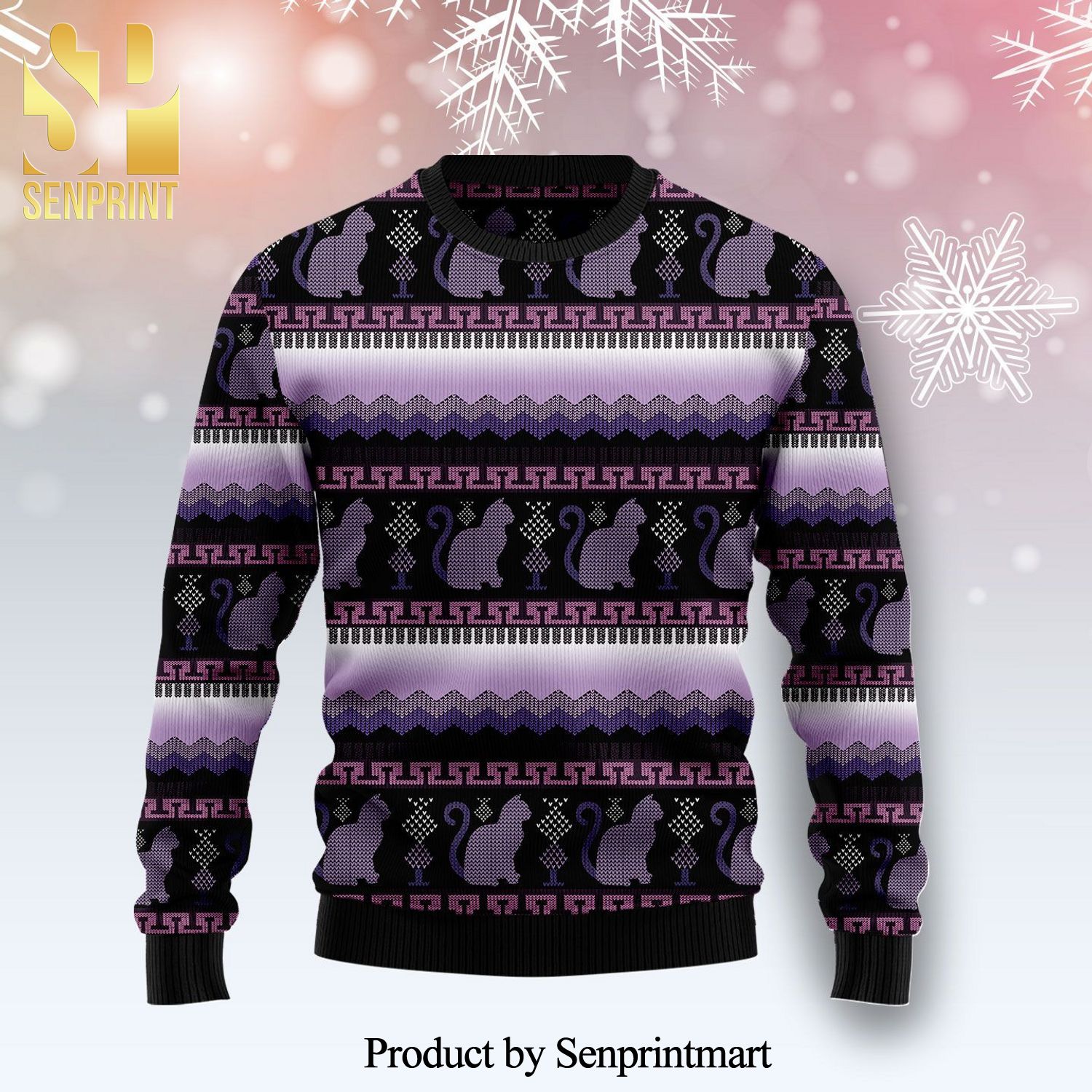 Cat Purple Pattern Knitted Ugly Christmas Sweater
