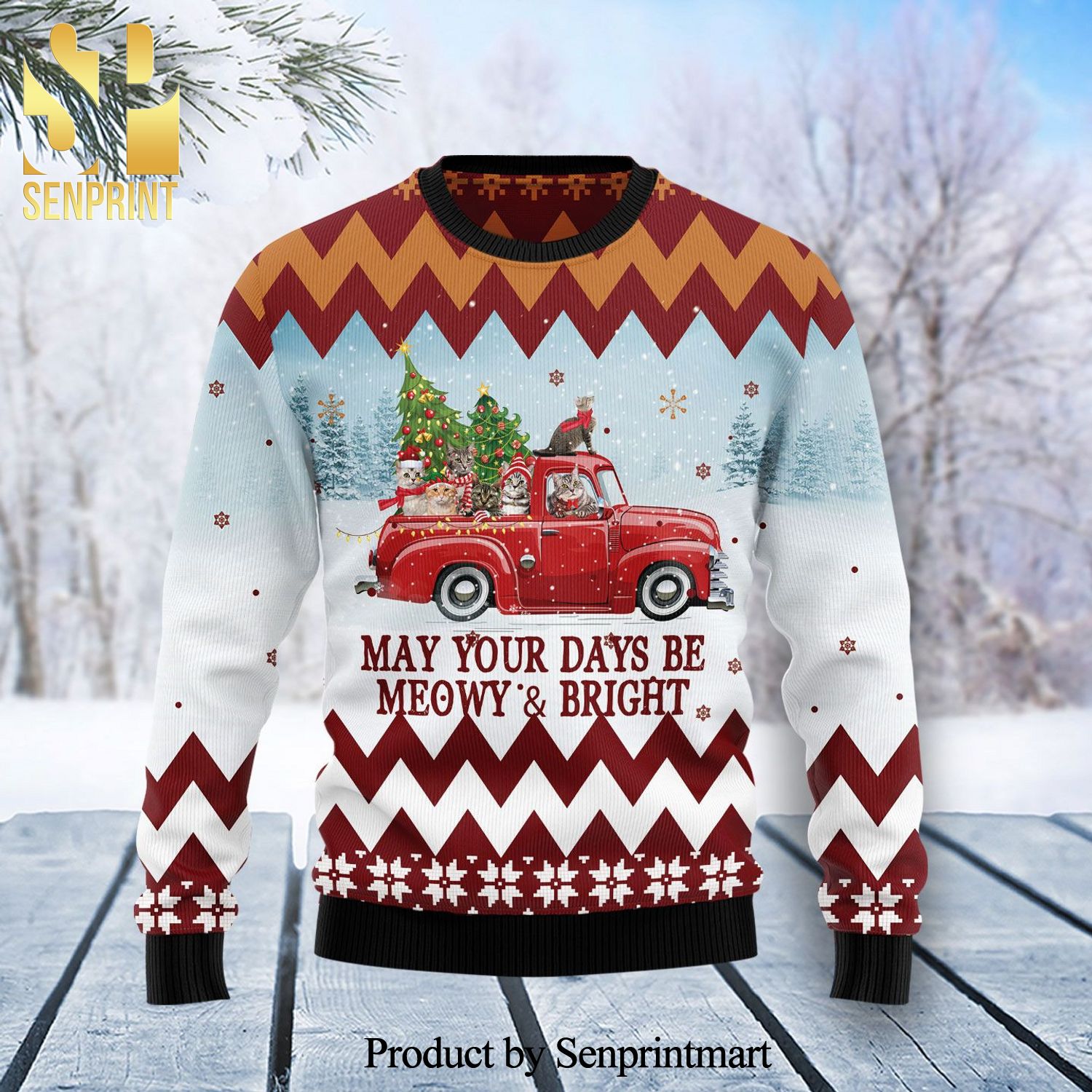 Cat Red Truck Knitted Ugly Christmas Sweater