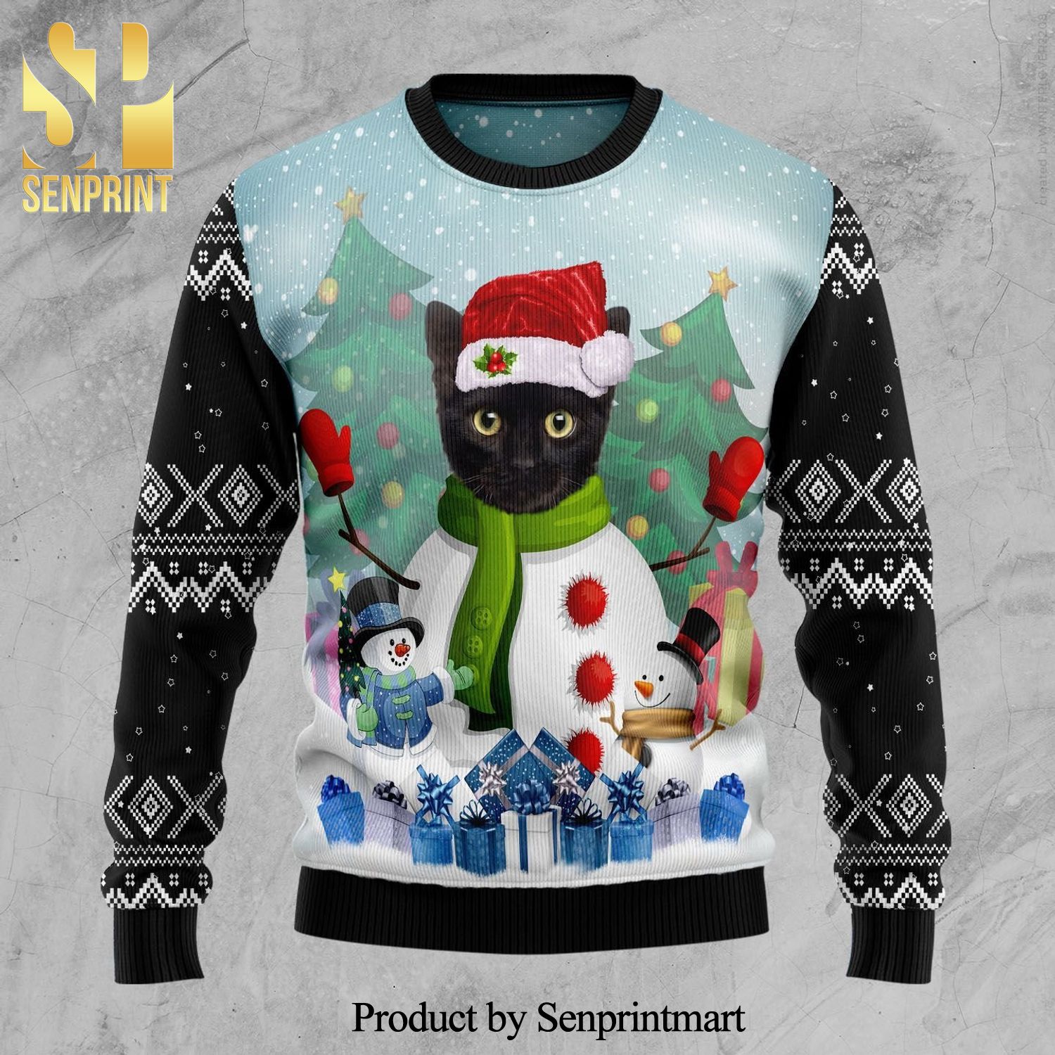 Cat Snowman Knitted Ugly Christmas Sweater