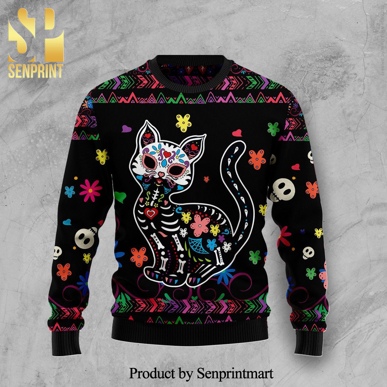 Cat Sugar Skull Knitted Ugly Christmas Sweater