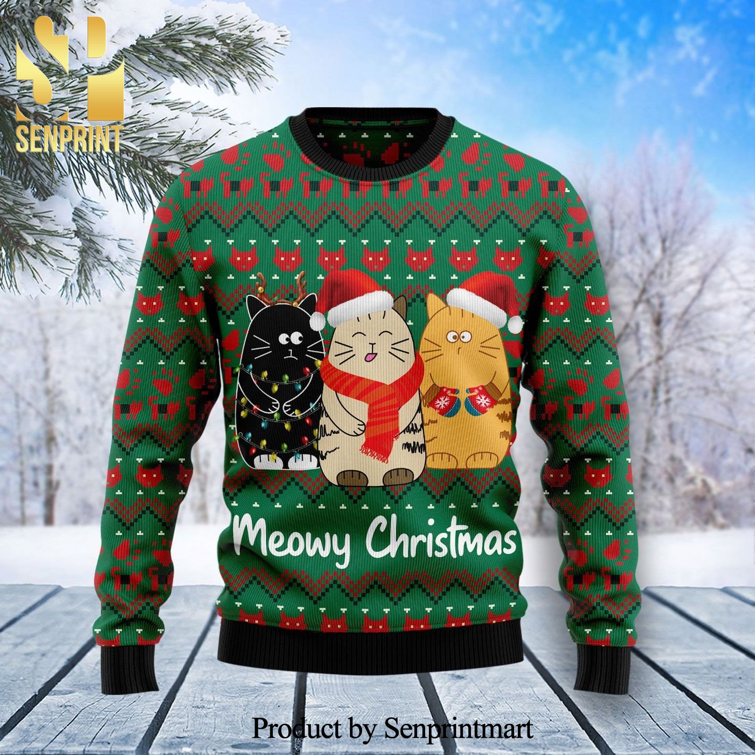 Cats Meowy Christmas Knitted Ugly Christmas Sweater