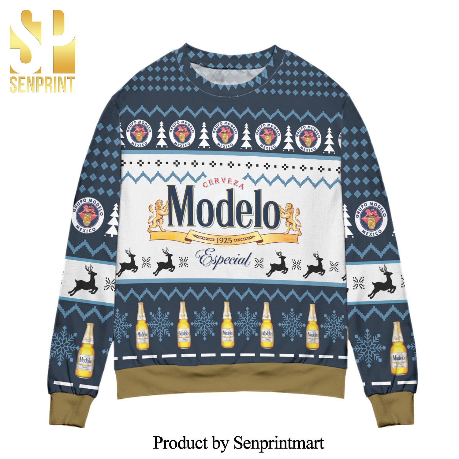 Cerveza Modelo Since 1925 Reindeer Pattern Knitted Ugly Christmas Sweater – White Blue