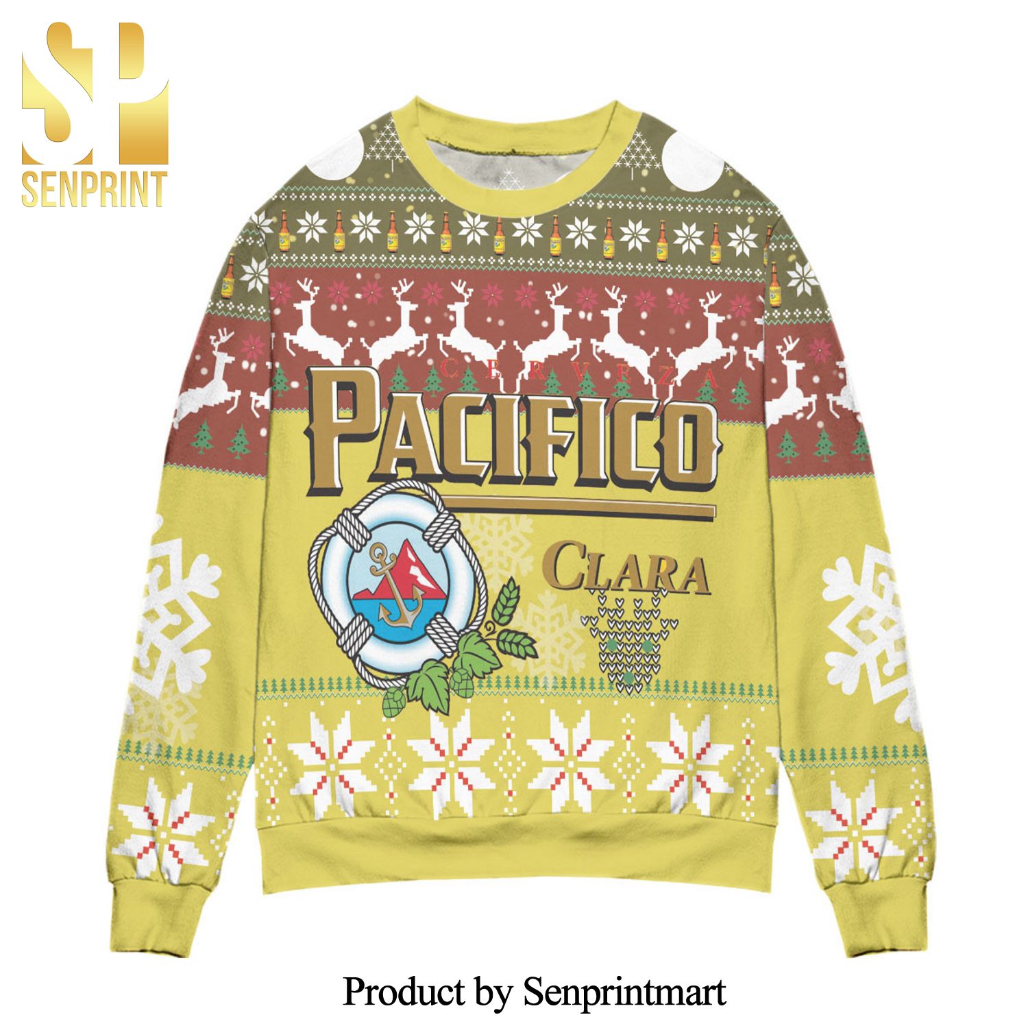 Cerveza Pacifico Clara Snowflake And Reindeer Pattern Knitted Ugly Christmas Sweater – Yellow