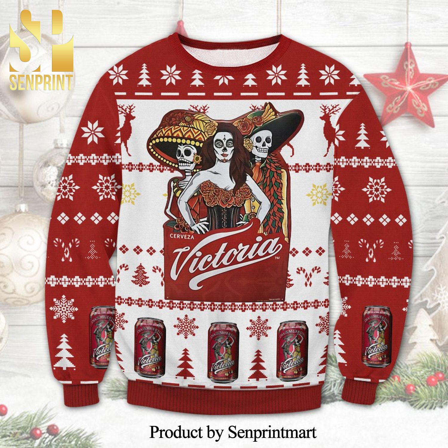 Cerveza Victoria Beer Can Knitted Ugly Christmas Sweater