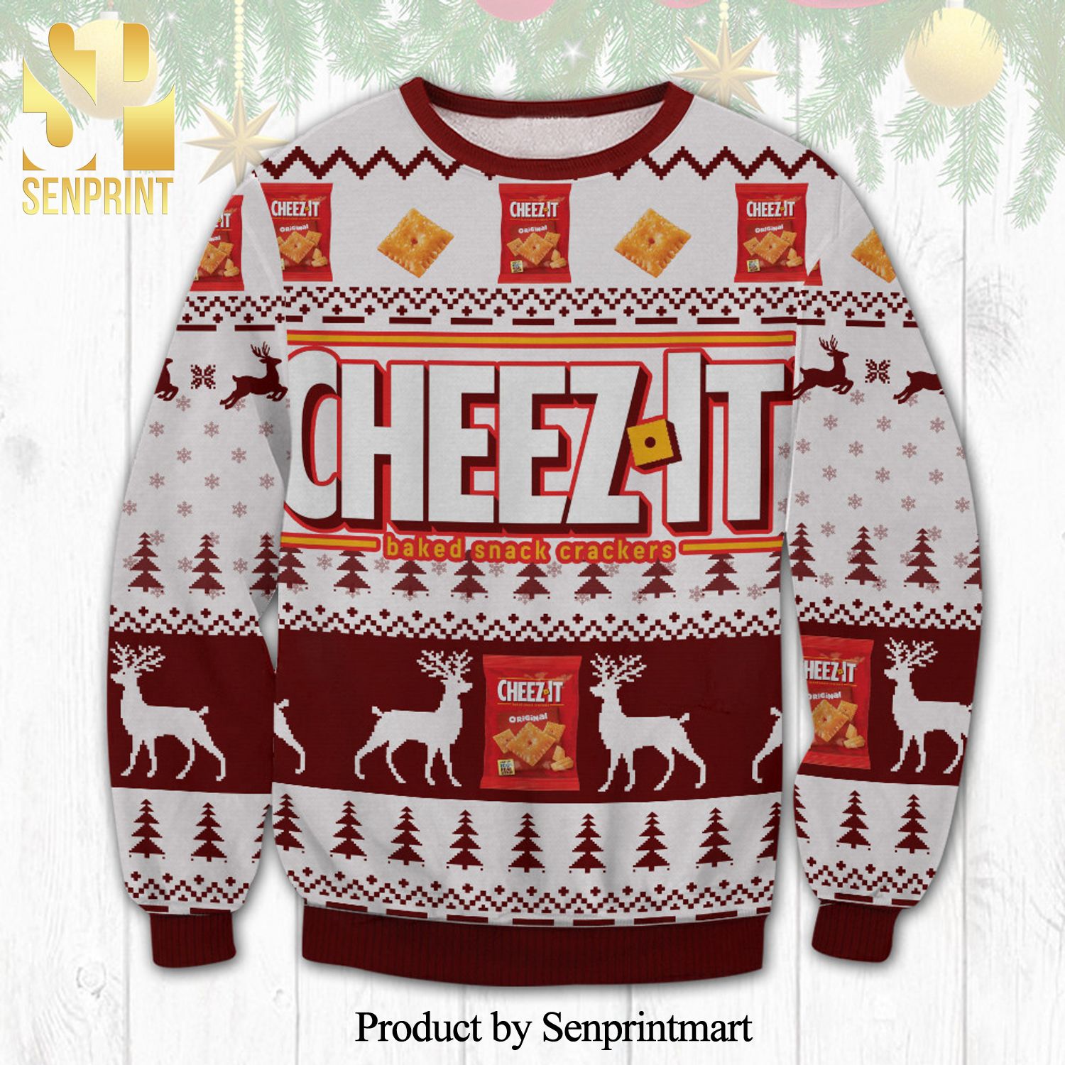 CHEEZ-IT Baked Snack Crackers Reindeer Knitted Ugly Christmas Sweater
