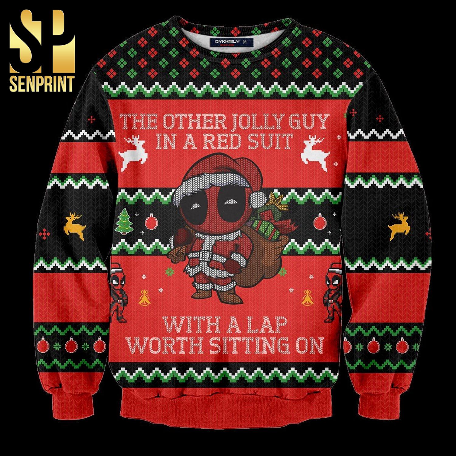 Chibi Deadpool Jolly Guy in Red Knitted Ugly Christmas Sweater