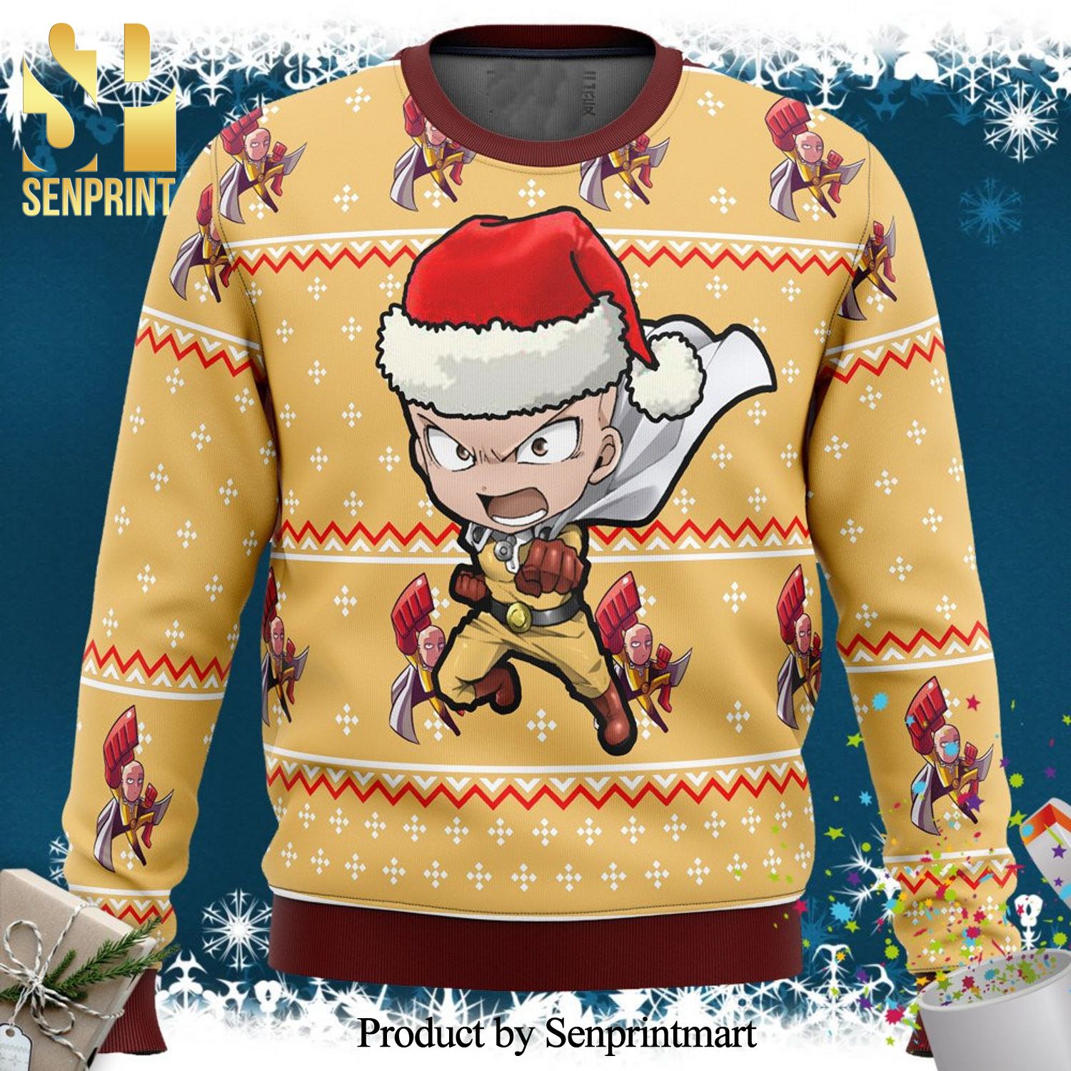 Chibi Saitama One Punch Anime Knitted Ugly Christmas Sweater