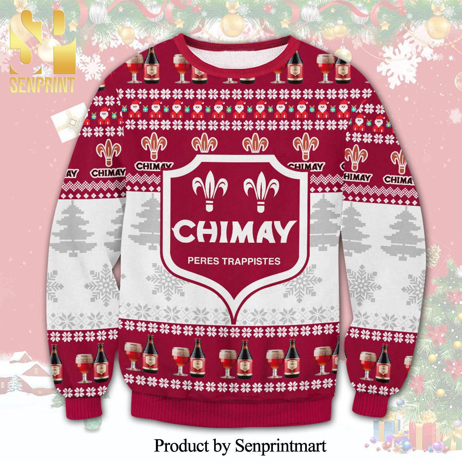 Chimay Blue Peres Trappistes Beer Santa Knitted Ugly Christmas Sweater