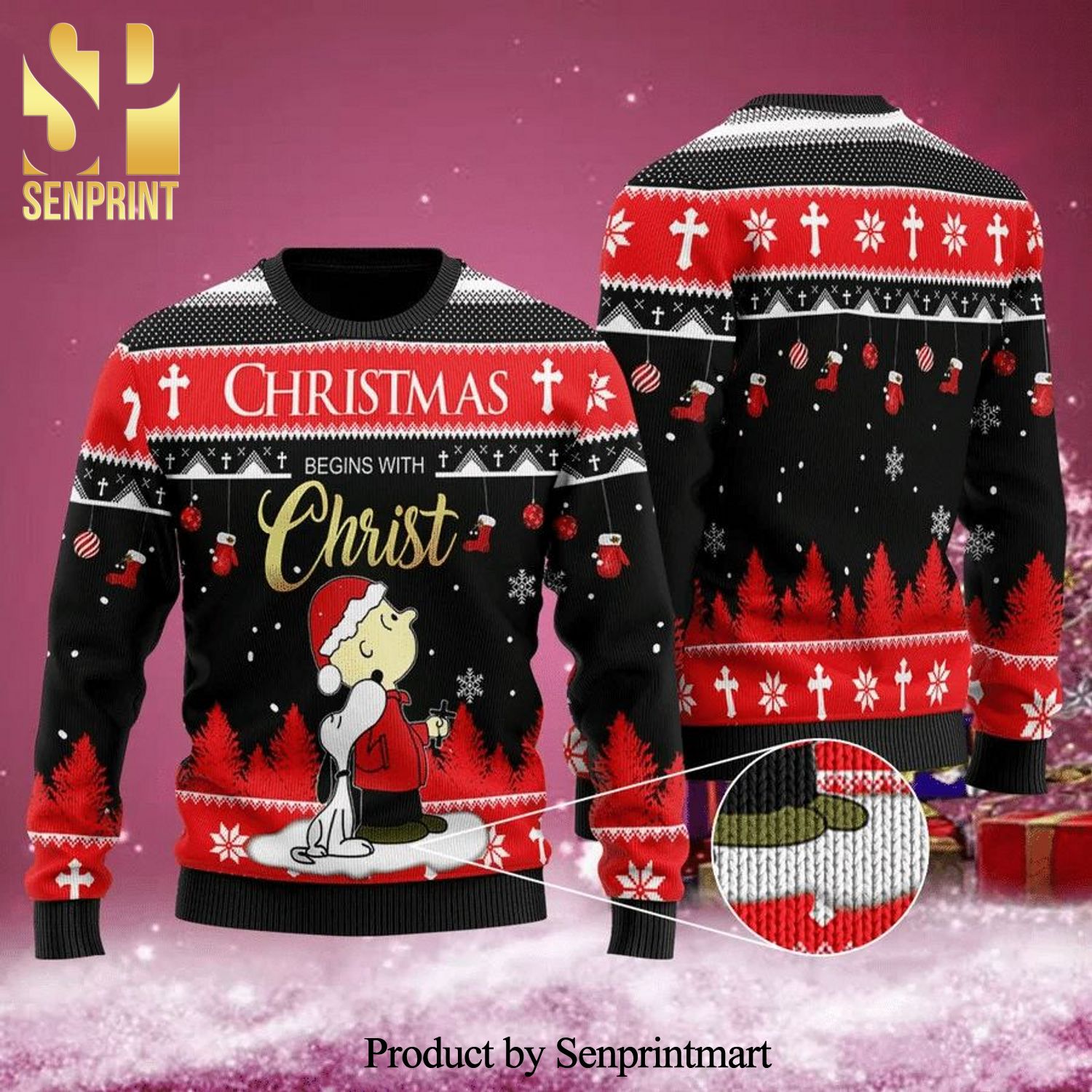 Christmas Begins With Christ Charlie Brown Snoopy Knitted Ugly Christmas Sweater