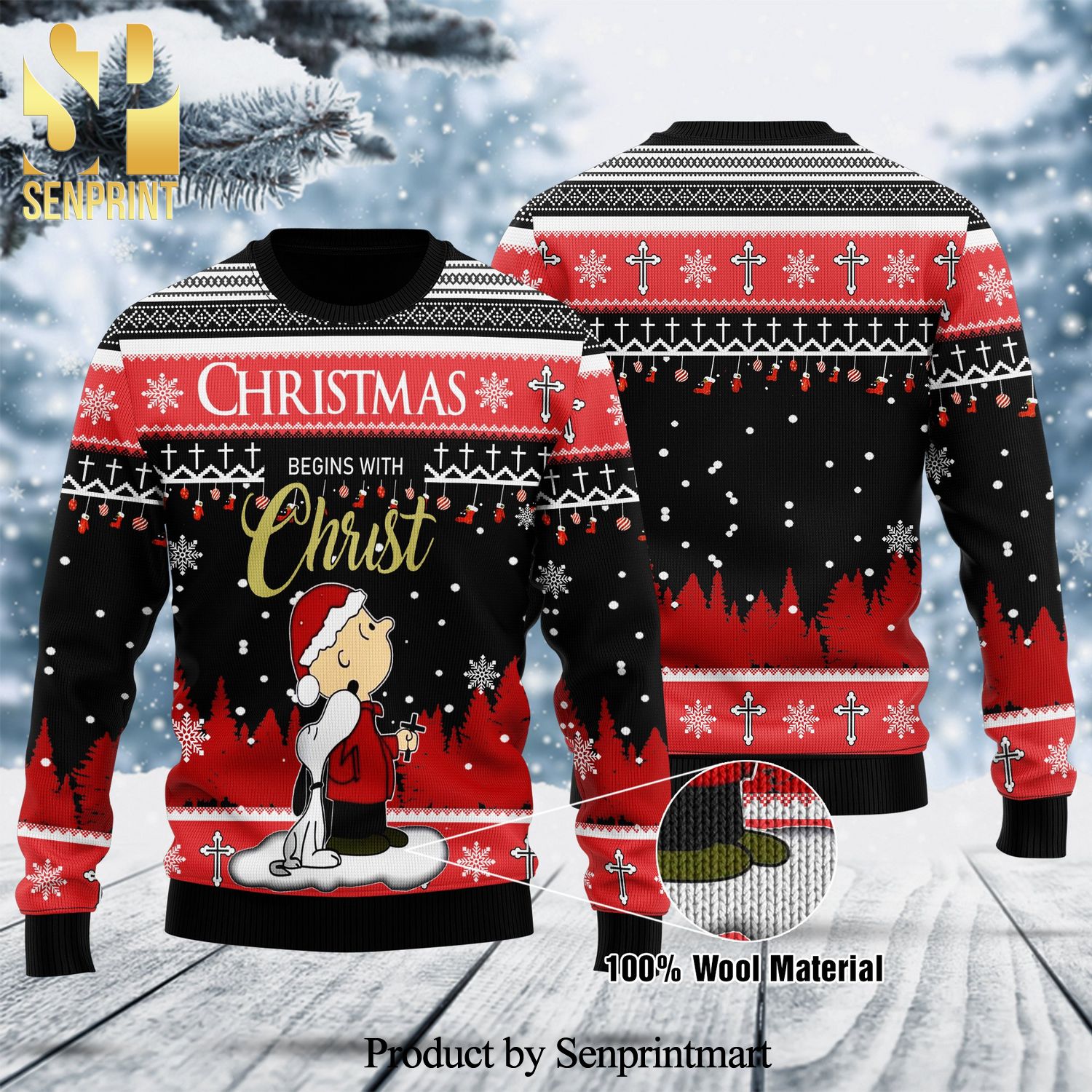 Christmas Begins With Christ Snoopy Knitted Ugly Christmas Sweater