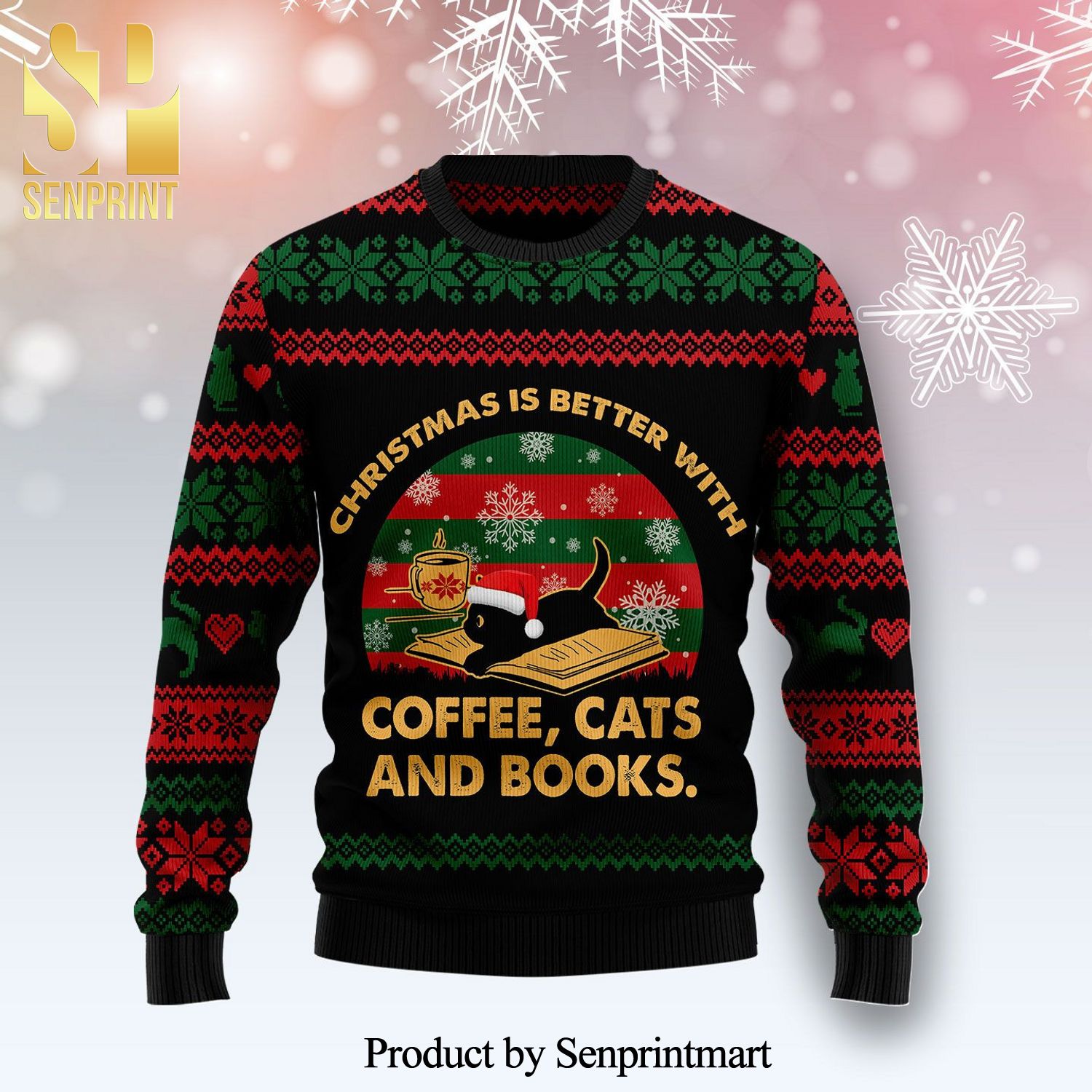 Christmas Better With Coffee Cat And Book Knitted Ugly Christmas Sweater