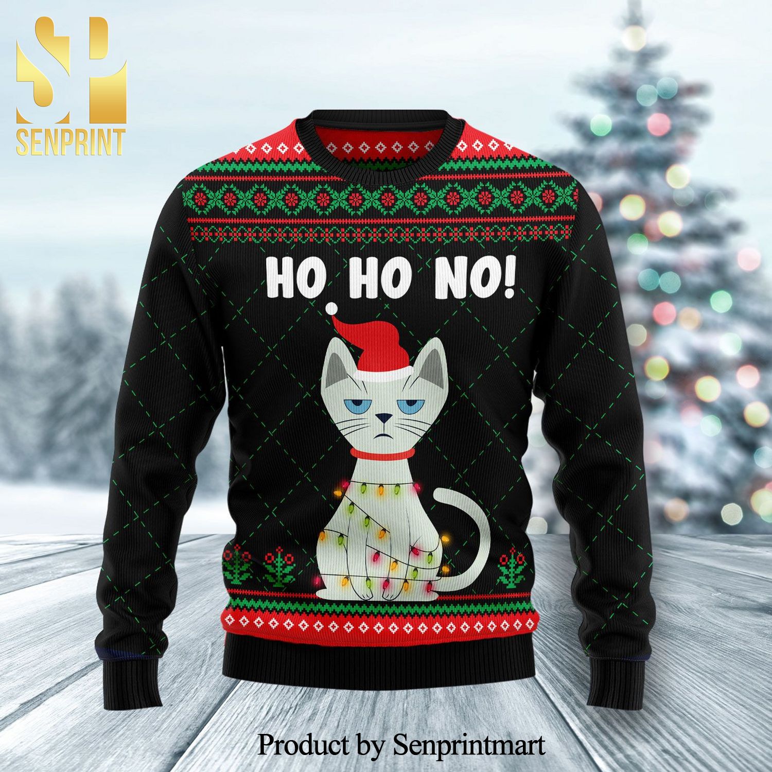 Christmas Cat Ho Ho No Knitted Ugly Christmas Sweater