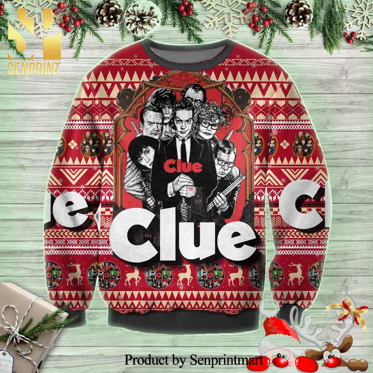 Clue The Movie Character Drawing Knitted Ugly Christmas Sweater