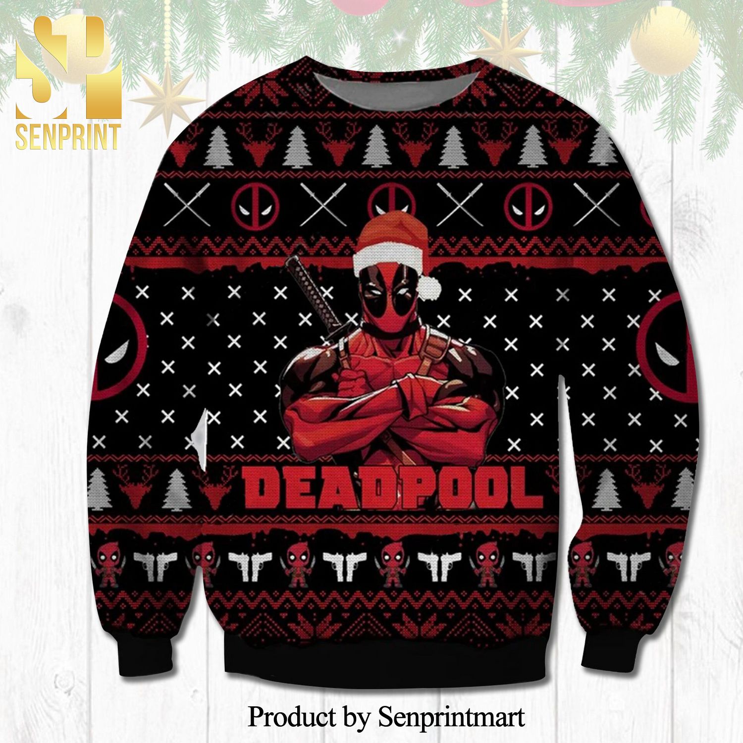 Cool Deadpool Pine Tree And Reindeer Pattern Knitted Ugly Christmas Sweater