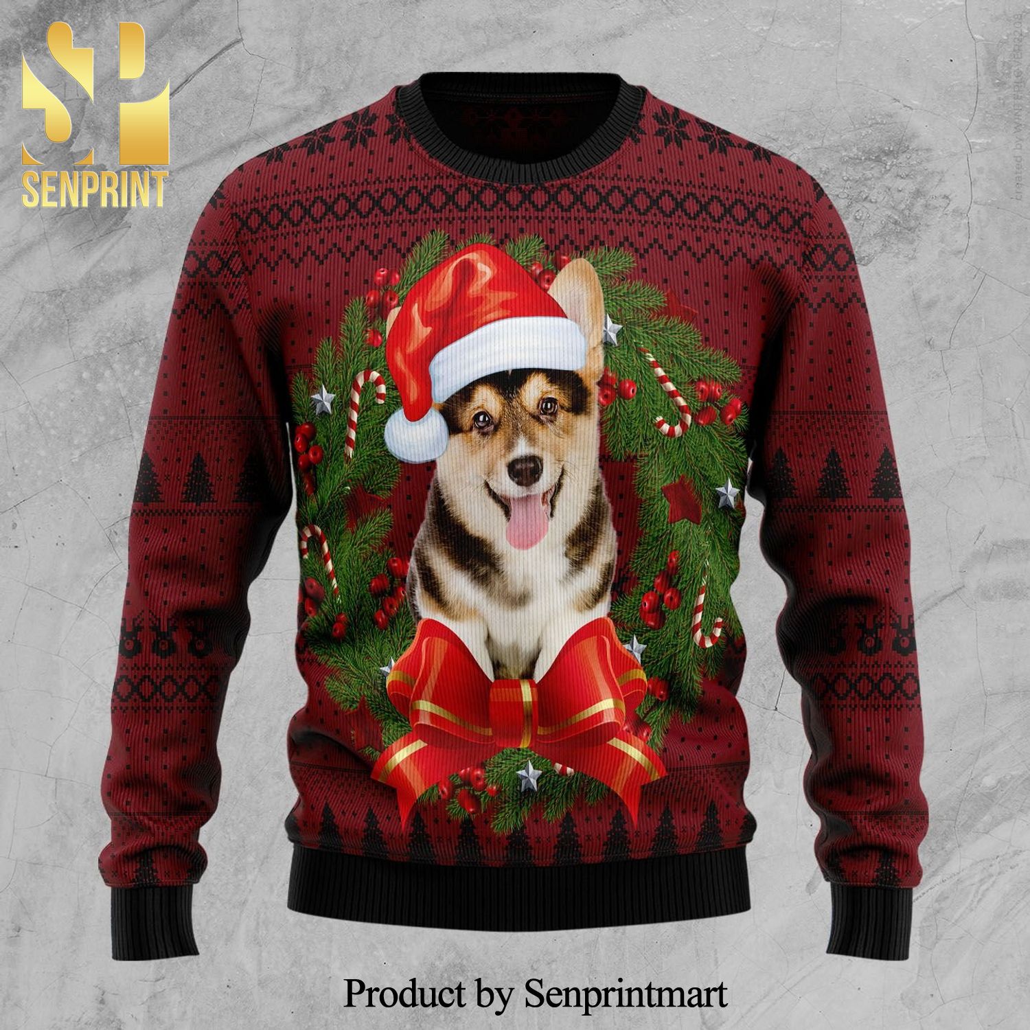 Corgi And Wreath Knitted Ugly Christmas Sweater