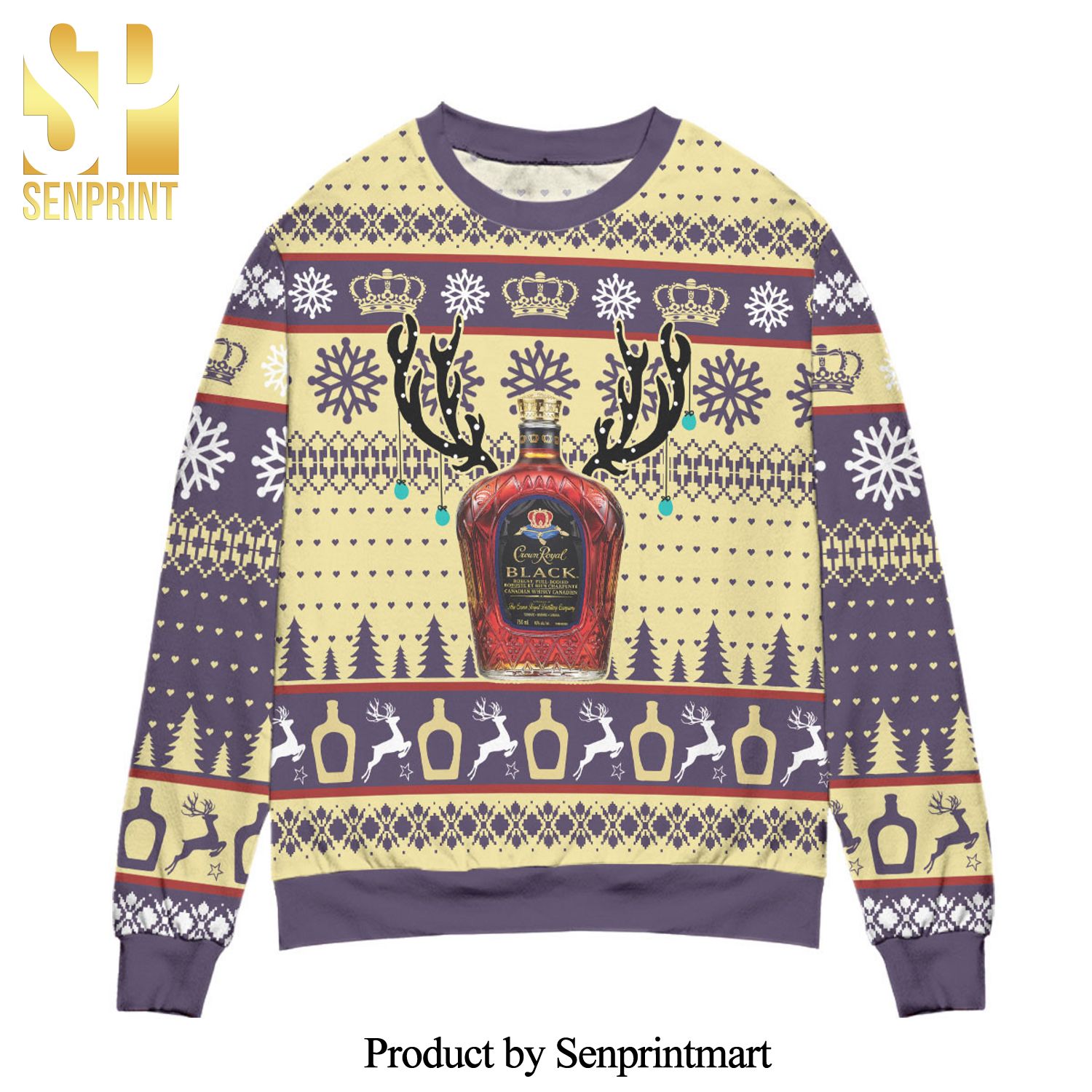 Crown Royal Black Reindeer And Snowflake Pattern Knitted Ugly Christmas Sweater