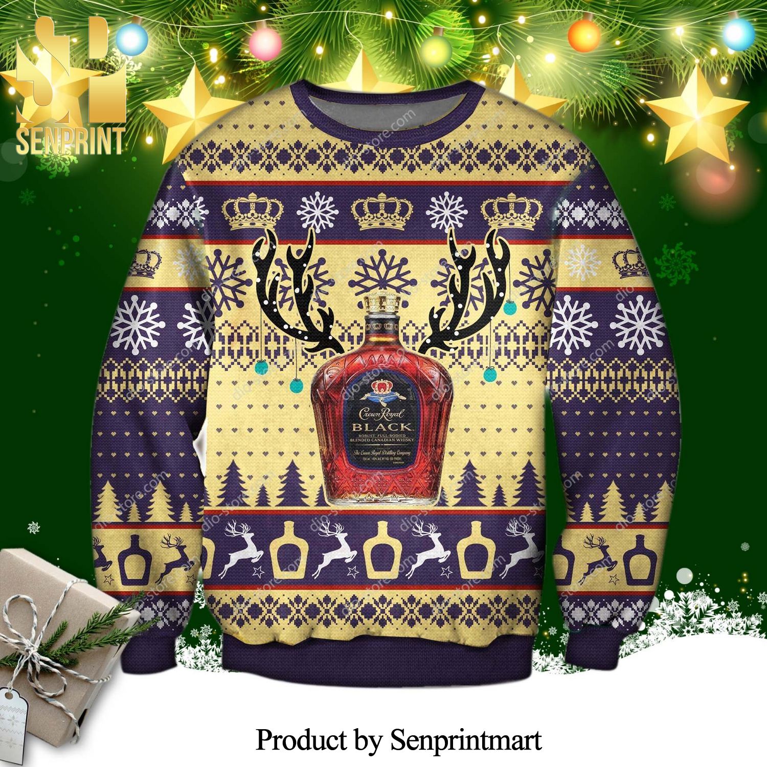 Crown Royal Canadian Whisky Reindeer Knitted Ugly Christmas Sweater