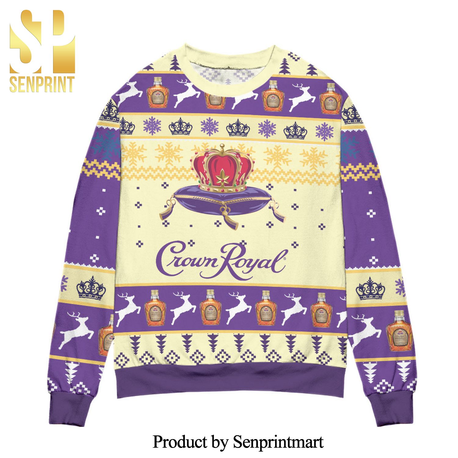 Crown Royal Logo Snowflakes Knitted Ugly Christmas Sweater – Purple Beige