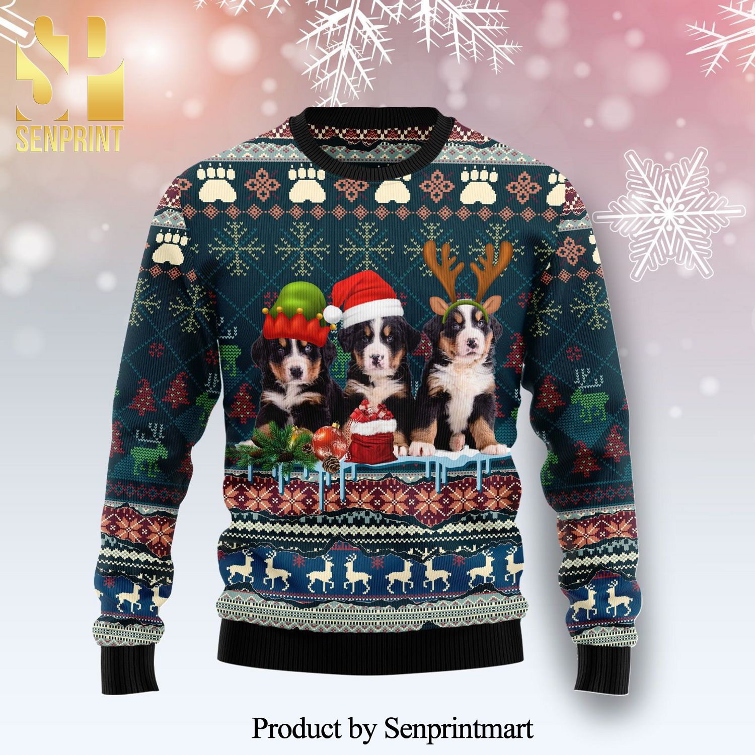 Cute Bernese Mountain Dog Knitted Ugly Christmas Sweater