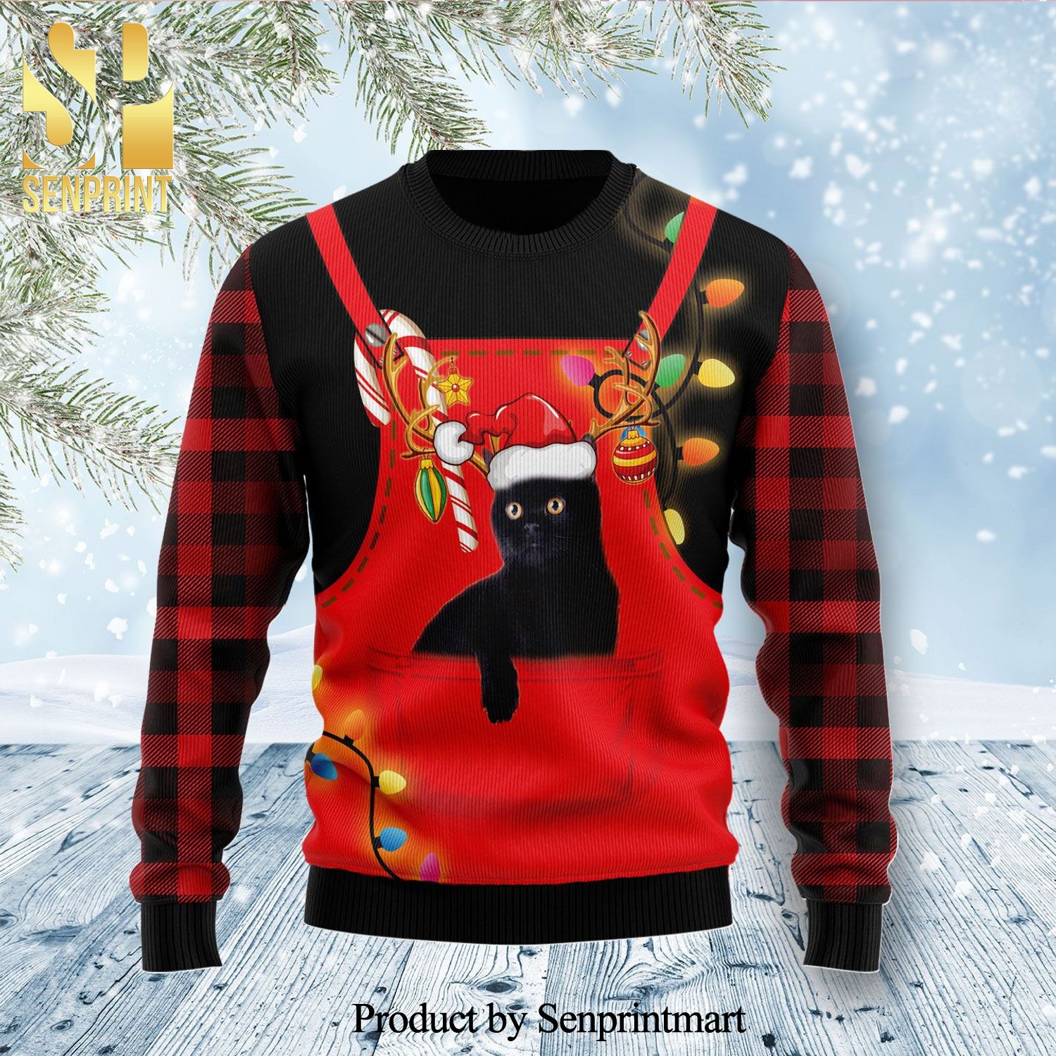 Cute Black Cat In Pocket Knitted Ugly Christmas Sweater