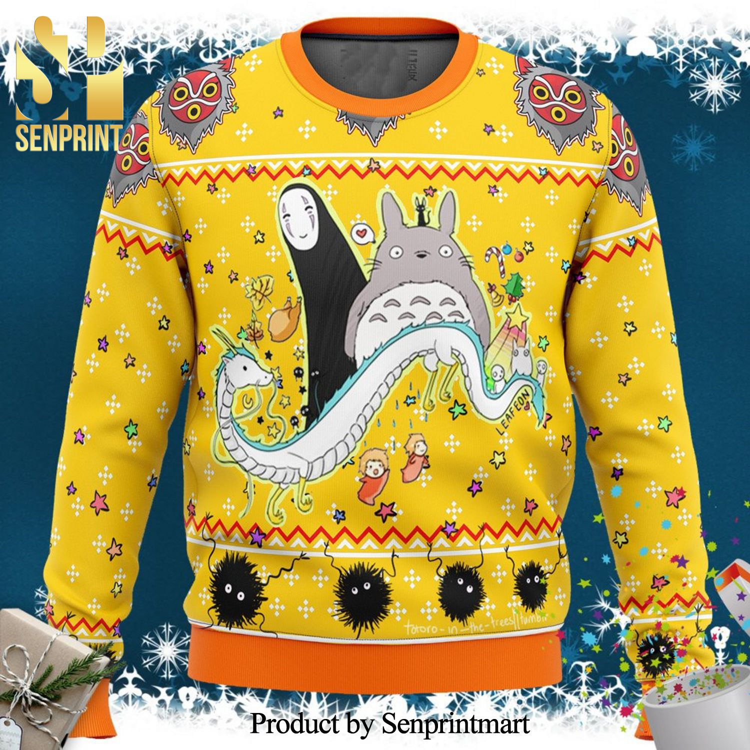 Cute Characters Studio Ghibli Yellow Knitted Ugly Christmas Sweater