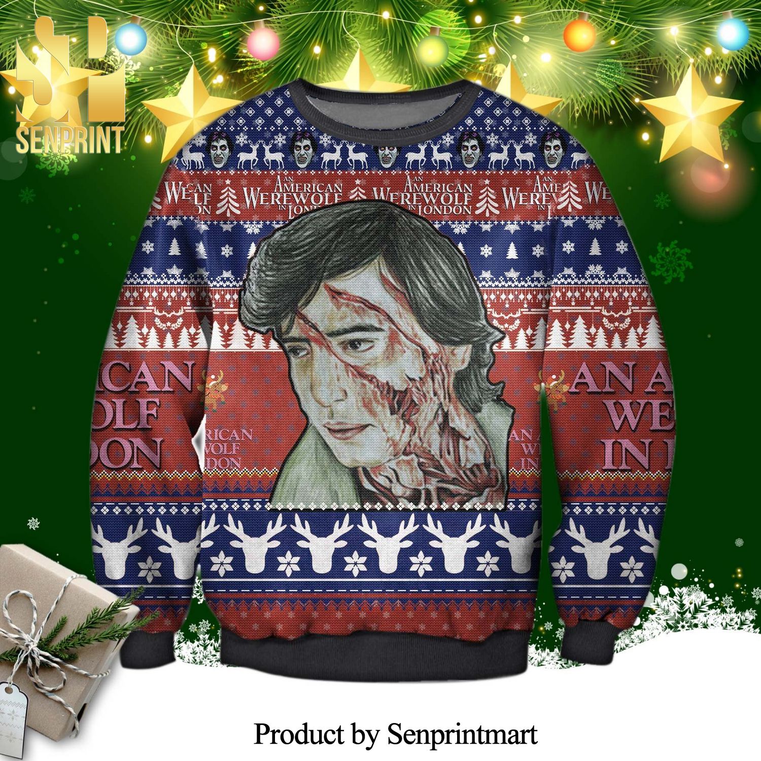 David Kessler An American Werewolf In London Horror Face Knitted Ugly Christmas Sweater
